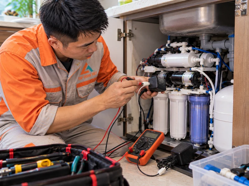 Thợ đo điện áp adapter máy lọc nước RO tại nhà ở Hoàng Mai