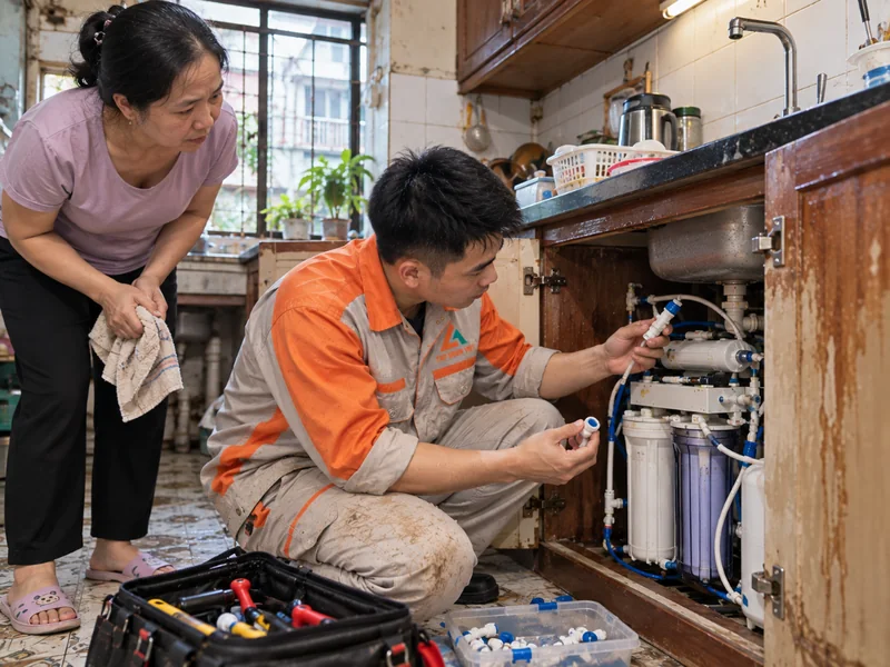 Sửa máy lọc nước tại Hai Bà Trưng: hết rỉ nước tủ bếp - Tập Đoàn Việt Thợ thay đầu nối nhanh bị rỉ nước của máy lọc trong tủ bếp ở Hai Bà Trưng
