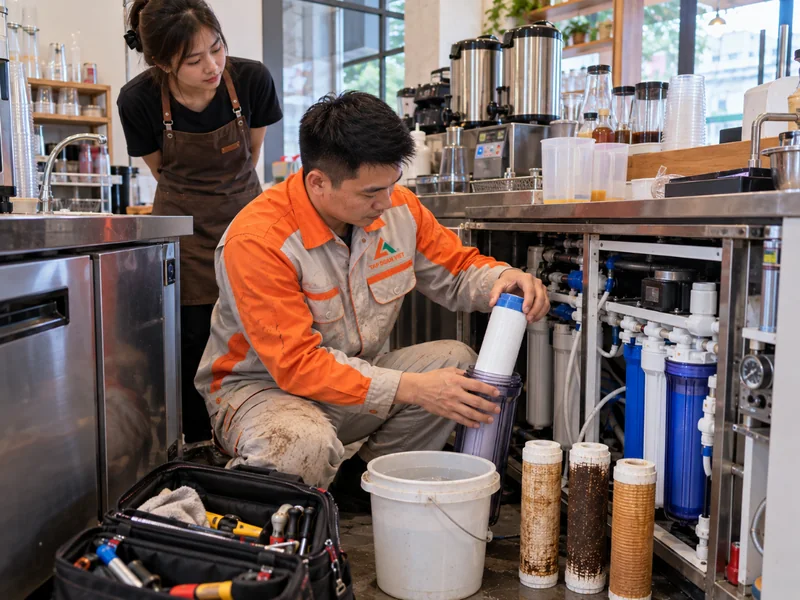 Thay lõi lọc nước tại Đống Đa: lõi nào cần thay trước? - Tập Đoàn Việt Thợ thay lõi lọc nước cho máy ở quán trà sữa tại Đống Đa